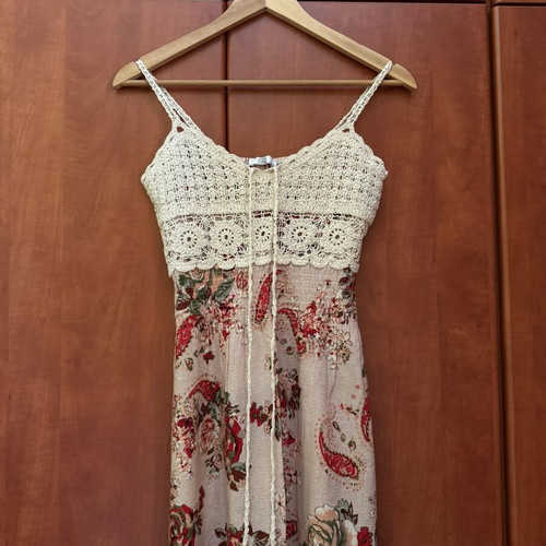 Retro floral summer dress used, size XS/S, beige multicolor