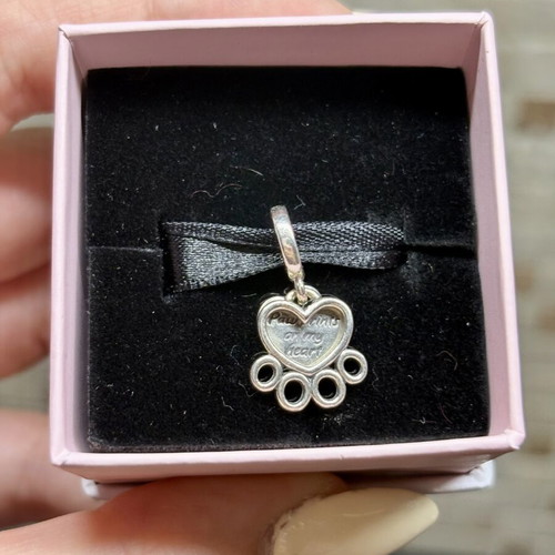 Pandora heart paw print charm with message, silver