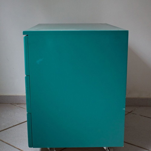 Wooden drawer cabinet used green with 3 drawers and wheels