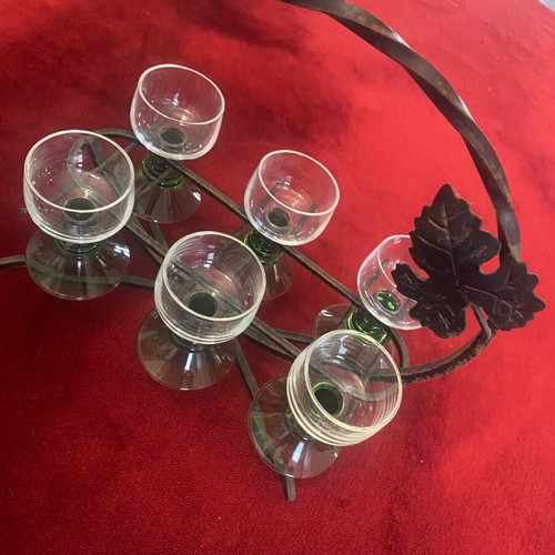 Vintage metal stand with six hanging liqueur glasses like new