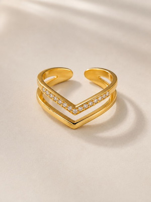 V-Shaped Gold Ring with White Stones new