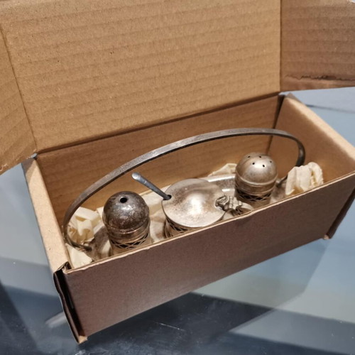 English salt and pepper set of three used, silver plated