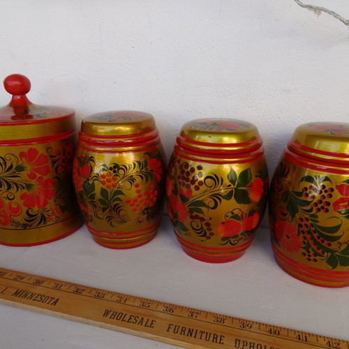 Khokhloma jars used, set of 7, wooden, handmade, USSR vintage