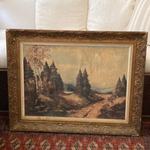 Large 1950s painting with period golden frame and mountain subject signed Heimbach used
