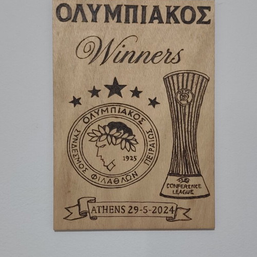 Handmade Olympiakos pyrography on sea wood A4