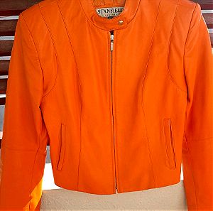 ΓΝΗΣΙΟ ΔΕΡΜΑ. Δερματινο σακάκι σε υπέροχο πορτοκαλί χρώμα, ίσια στενή γραμμή,νούμερο 42 .Ελάχιστες φορές φορεμένο.