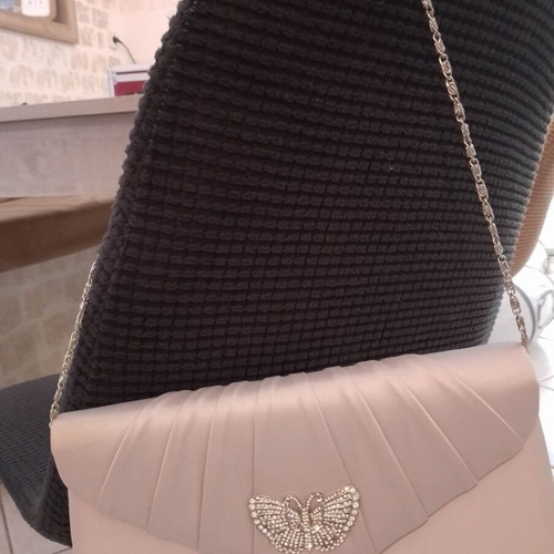 Vintage evening bag like new, gray-beige with butterfly ornament