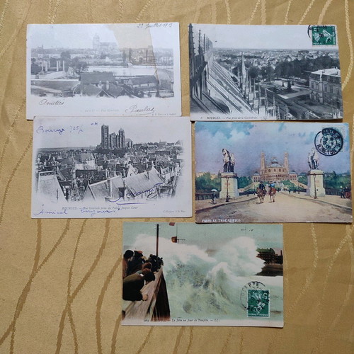 French postcards used, pack of 5, 1904-1908 with stamp