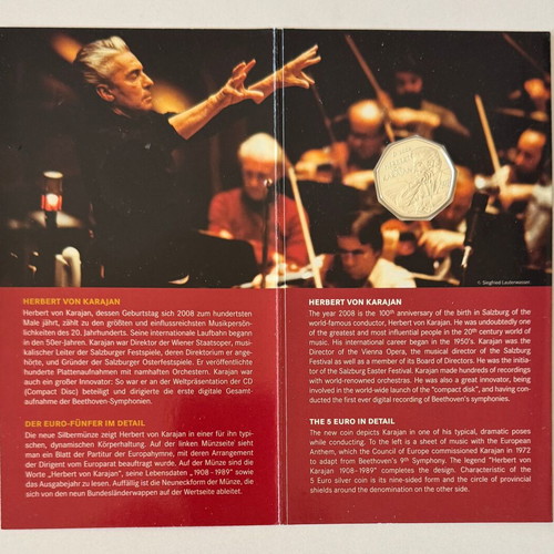 Austria 2008 5 Euro Coin Herbert von Karajan 100th Anniversary Silver BU Coincard
