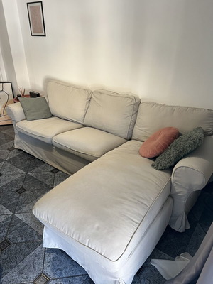 EKTORP three-seat corner sofa with chaise lounge beige used