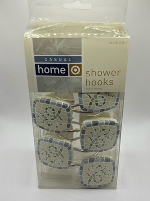 Curtain hooks new, pack of 12, white with blue design