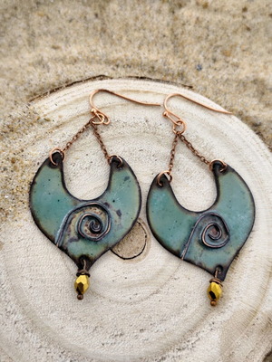 Vintage enameled spiral earrings, handmade unique design