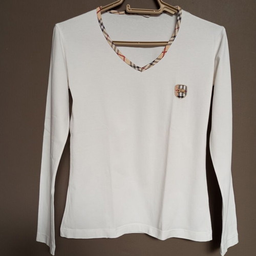 White women's long-sleeve blouse with classic checkered trim, like new