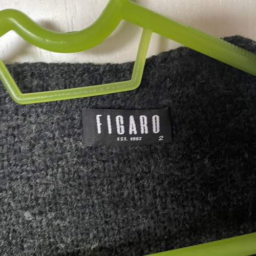 Figaro knitted cardigan used, dark gray with black trim, pockets, tie front