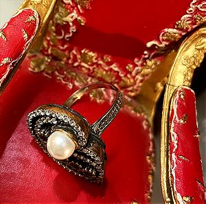 Δαχτυλίδι Μαργαριτάρι, Ασήμι & Χρυσός Vintage