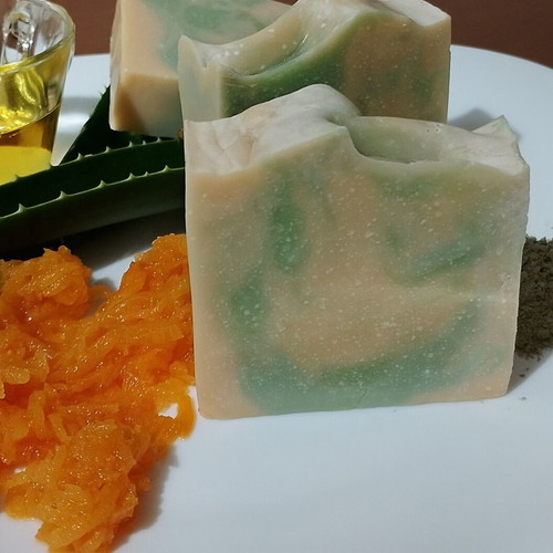 Handmade soap with aloe vera, pumpkin, green clay, avocado oil