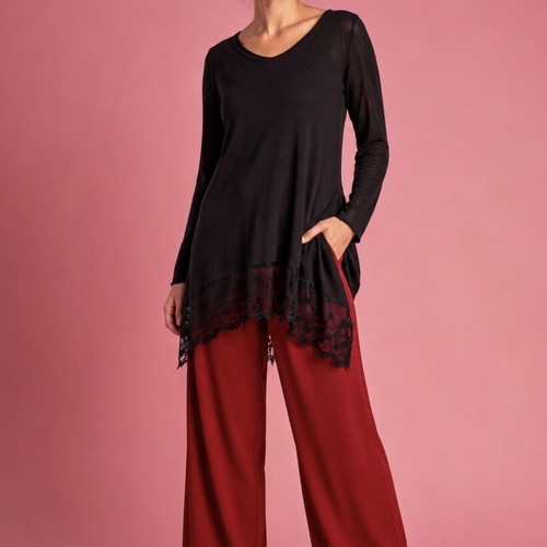 Spiga black wool blouse with lace detail, like new, size L-XL