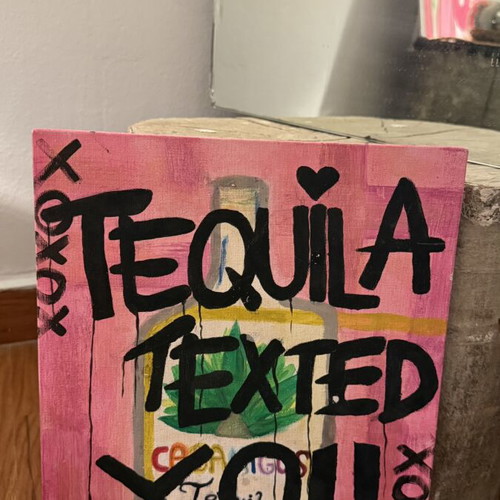 Handmade painting “Tequila Texted You” like new, decorative with pink tones