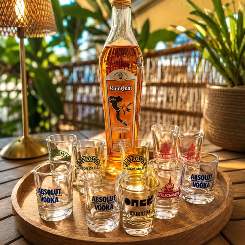 Shot glass set with 10 glasses and one opened Kumquat bottle like new