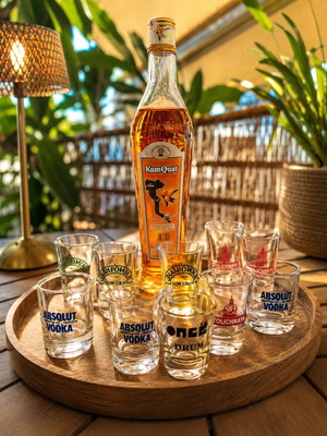 Shot glass set with 10 glasses and one opened Kumquat bottle like new