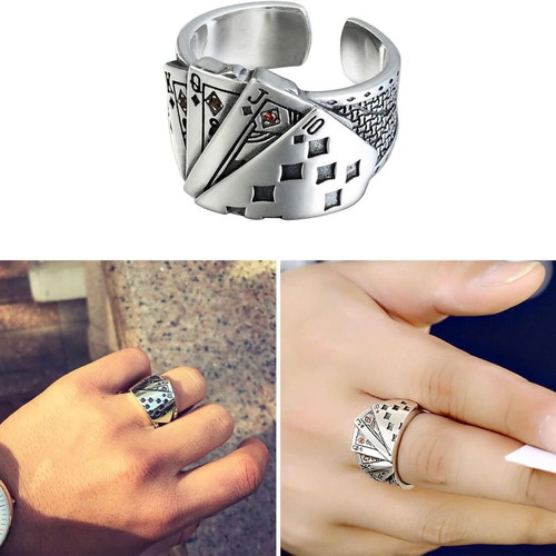 Cool ring with playing cards new, silver plated, hip hop style, adjustable