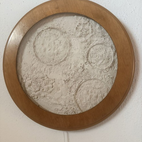 Handmade moon lamp with dimmer, wood, glass, and cement