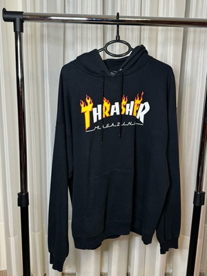 Thrasher hoodie used, size L, black with flames logo
