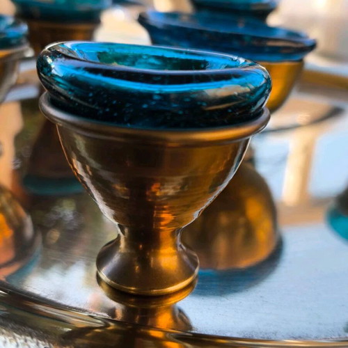 Vintage liqueur set used with bronze and blue glass cups