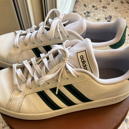 Adidas Grand Court sneakers like new, white with green and black stripes, size 46