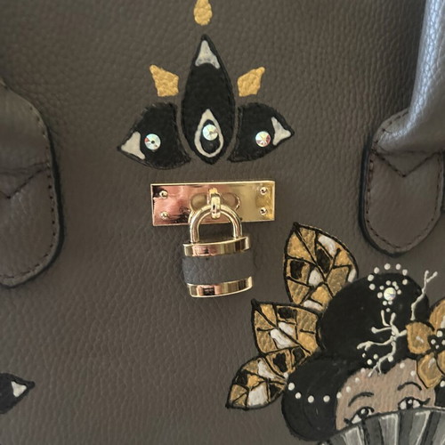 Handbag hand-painted with gold and strass details, new, gray
