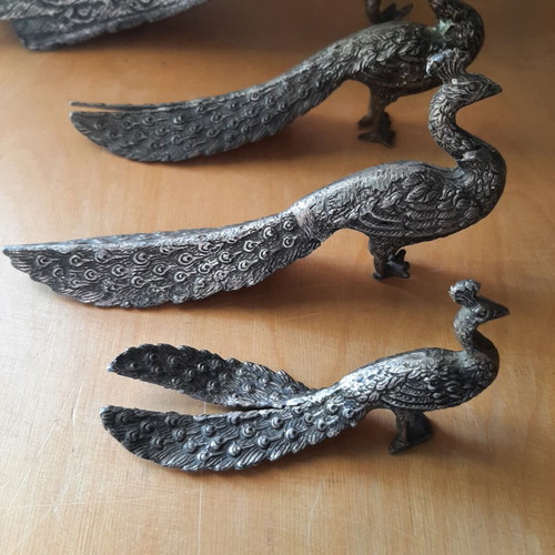 Traditional metal peacocks used, vintage 1950s-60s set