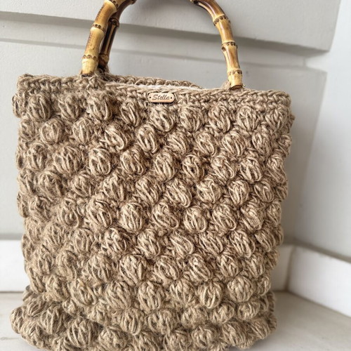 Handmade knitted Stella bag with bamboo handles, like new, beige and brown