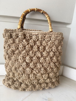 Handmade knitted Stella bag with bamboo handles, like new, beige and brown