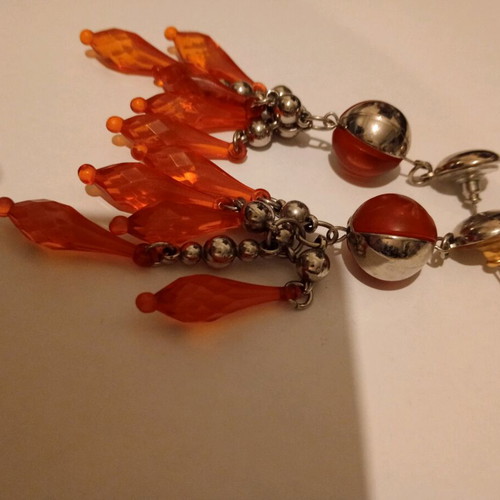 '90s Vintage Long Earrings Used, Orange and Gold Colors