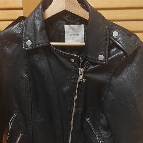 Mango Genuine Leather Biker Jacket used, black, size S