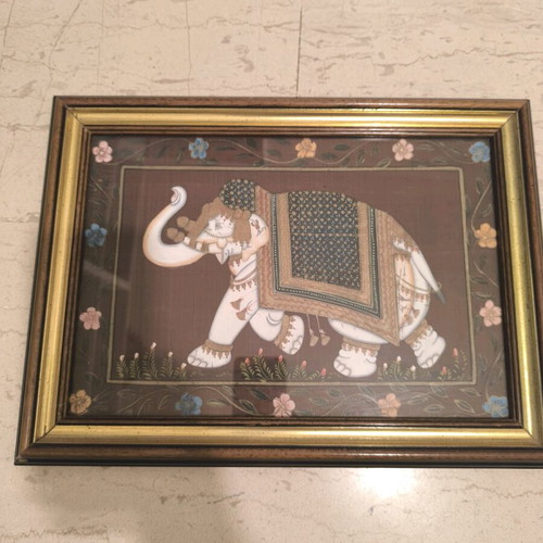Vintage Indian elephant painting on silk used, handmade