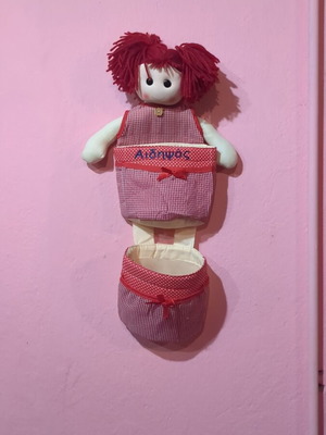 Fabric Wall Pouch Doll Shape like new, red checkered, Aedipsos embroidery