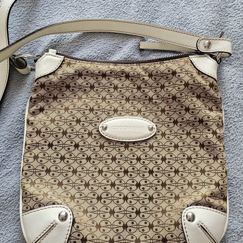 Coccinelle crossbody bag used, fabric and leather, beige and brown