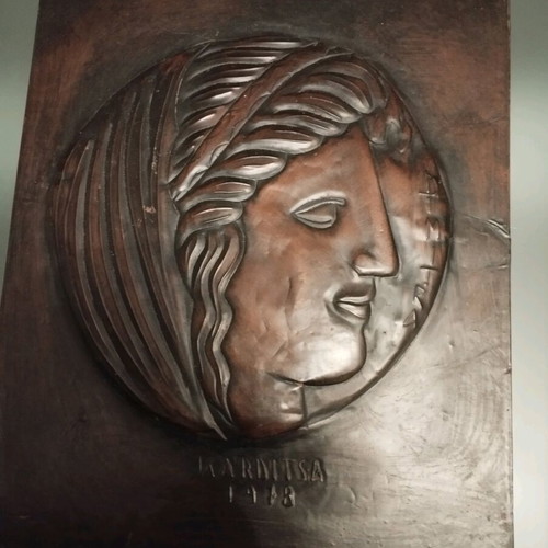Bronze plaque with goddess Demeter, used, repoussé technique
