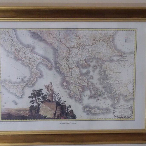 Engraving map of Greece vintage, like new, colored with frame