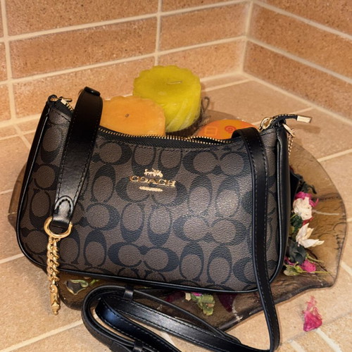 Coach Teri Signature Canvas Shoulder Bag used, dark brown and black