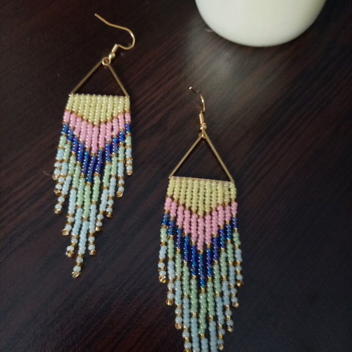 Handmade earrings with pastel tassels, gold triangle and steel hook