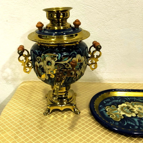 Vintage electric samovar with handmade painting, tray and teapot new
