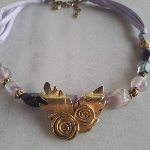 Nikos Garbis handmade necklace with amethyst and bronze motif, like new