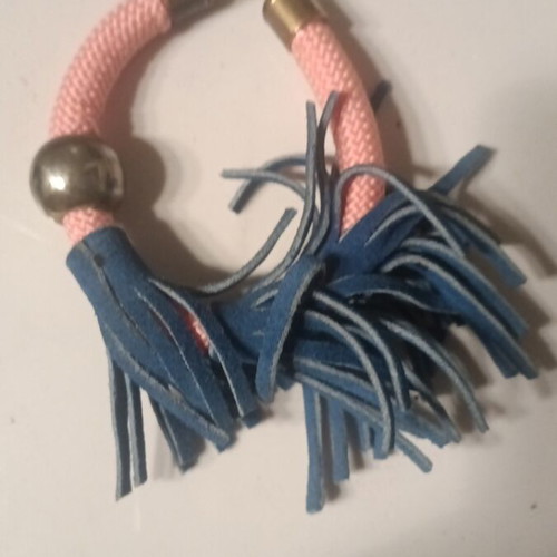 Handmade bracelet pink with blue leather tassels like new