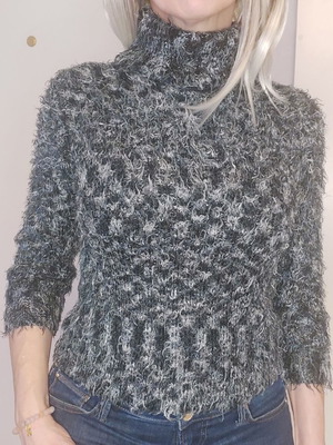Fluffy knitted turtleneck sweater size S used, gray with white and black shades