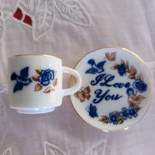 Vintage porcelain miniature set cup and saucer I Love You with gold trim like new