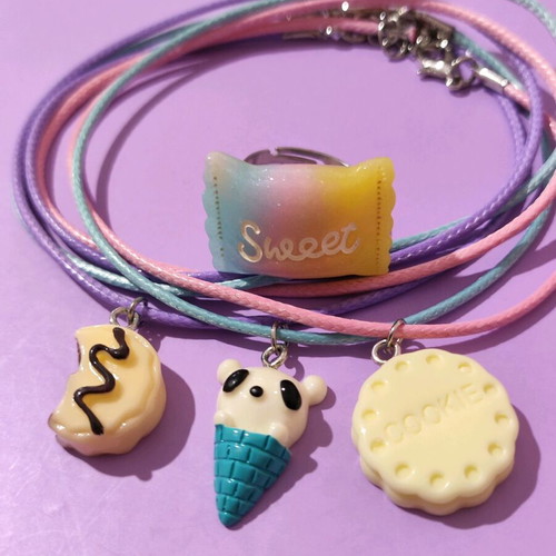Set of 3 kids' necklaces cookies and ice cream with gift steel candy ring new