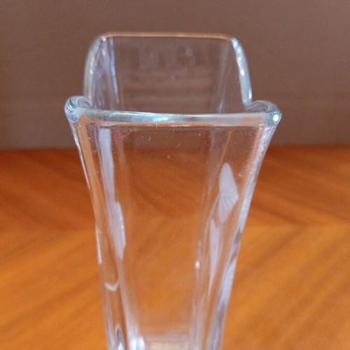 Vintage Italian glass vase with leaf engraving, mid-century 70s