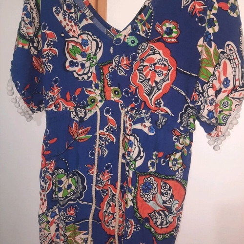 Boho long dress used, blue, onesize with pom-poms on sleeves